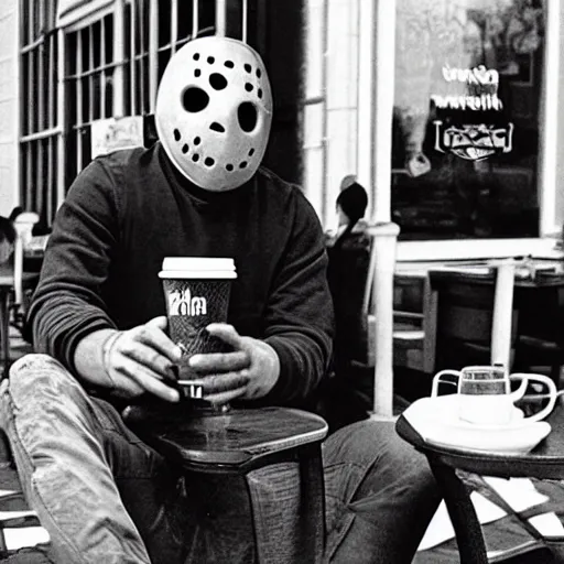 Image similar to photograph of jason voorhees having a coffee at an european caffé