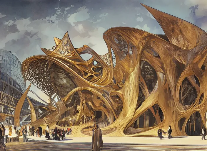 Prompt: mercedes exhibition center exterior designed by antoni gaudi, and concept art by artgerm, greg rutkowski, alphonse mucha