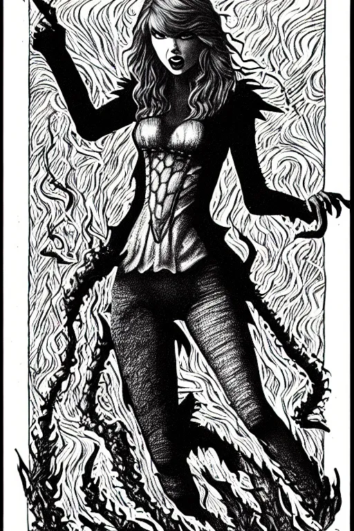 Image similar to taylor swift made of toxic smoke as a d & d monster, full body, pen - and - ink illustration, etching, by russ nicholson, david a trampier, larry elmore, 1 9 8 1, hq scan, intricate details, inside stylized border