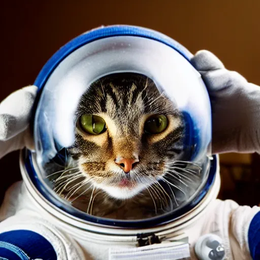 Image similar to a portrait of a cat behind the space suit helmet