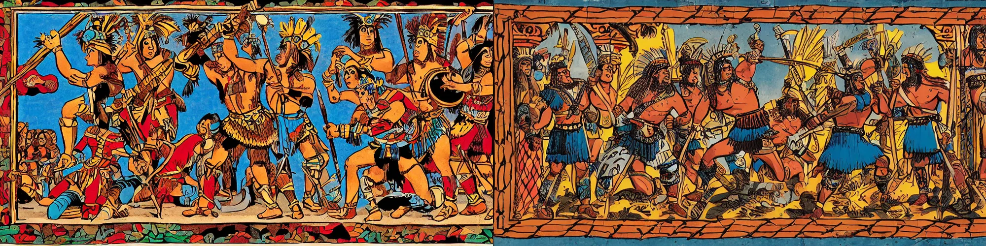 Prompt: Aztec warriors conquering spain, a baroque style comic pane, classic color