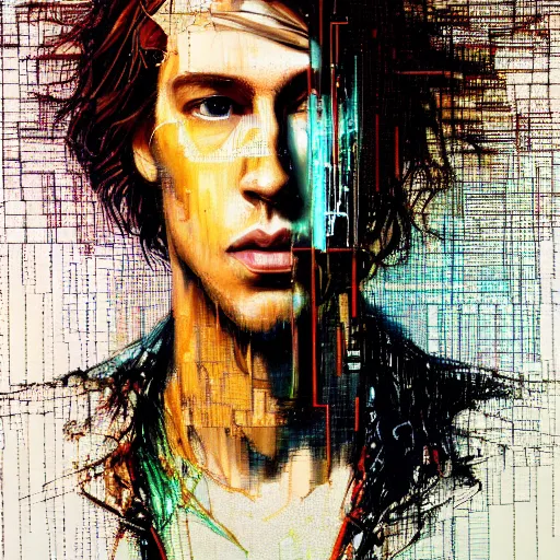 Image similar to hyperrealistic portrait of a cyberpunk cody fern with chest length long brown hair, by Guy Denning, Johannes Itten, Russ Mills, glitch art, hacking effects, glitch effects, digital tech effects, cybernetics, detailed lines, chromatic, color blocking!, oil on canvas, front view, front facing, highly detailed, symmetrical, octane, concept art, abstract, blue and black, 8k, cinematic, trending on artstation