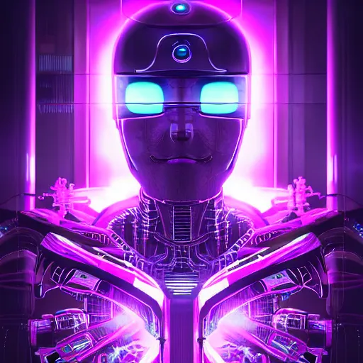 Image similar to Head of a robot with purple glowing eyes in cyberpunk neon Tokyo in style of Tsutomu Nihei. Cyberpunk, vertical symmetry, 8K, Highly Detailed, Intricate.