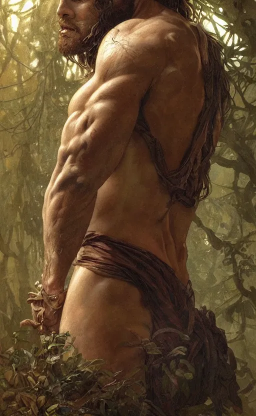 Image similar to portrait of the god of the forest, 25 years old, rugged, male, gorgeous, detailed face, amazing, thighs!!!!!!, muscular, intricate, highly detailed, digital painting, artstation, concept art, sharp focus, illustration, art by greg rutkowski and alphonse mucha