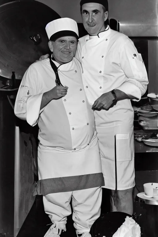 Prompt: A chef with a chef's hat taller than him, Ansel Adams