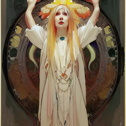Image similar to portrait of small, rubbery, huge-eyed, big-lipped albino mutant priestess with elaborate white hair by Alphonse Mucha, Greg Rutkowski, Anato Finnstark, and Studio Ghibli
