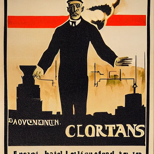 Image similar to 1 9 0 8 capitalism propaganda poster, black and white engraving on antique yellowed paper, with red ink used for emphasis, eastern european look, serious face of leader in the middle of poster, with intricate imagery of buildings and factories and laborers in the background