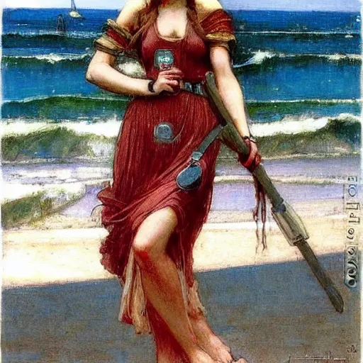 Image similar to a very beautiful futuristic girl on the beach drawn by john william waterhouse