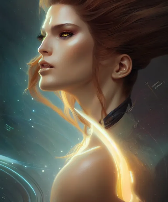 Image similar to futuristic woman portrait, sci-fi, amber eyes, face, long hair, fantasy, intricate, elegant, highly detailed, digital painting, artstation, concept art, smooth, sharp focus, illustration, art by artgerm and greg rutkowski and alphonse mucha