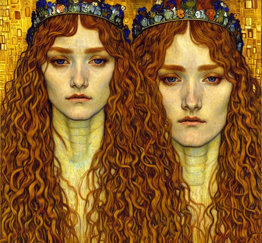 Image similar to detailed realistic beautiful young medieval queen face portrait by jean delville, gustav klimt and vincent van gogh, art nouveau, symbolist, visionary, gothic, pre - raphaelite, muted earthy colors, desaturated