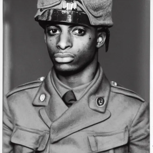 Image similar to playboi carti as a german world war ii soldier captured on a old camera 4 k detailed super realistic