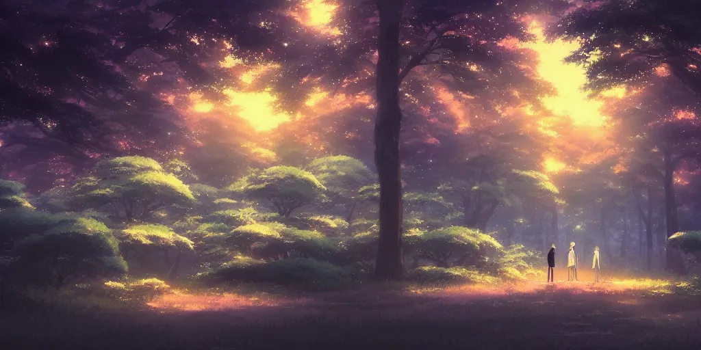 Prompt: beautiful anime painting of a magical forest, nighttime, by makoto shinkai, koto no ha no niwa, studio ghibli, artstation, atmospheric.