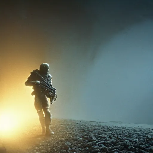 Image similar to soldier is made of rocks, still from the movie aliens, fog, dramatic lighting