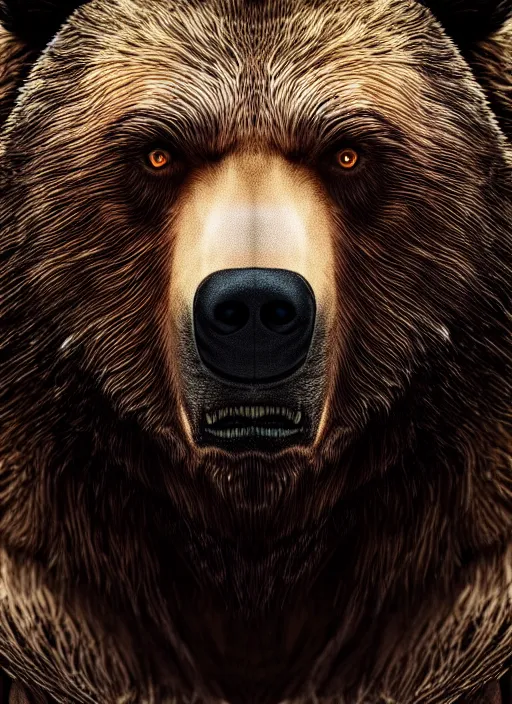 Image similar to portrait of a bear werewolf, brown and grey hair, golden eyes with a paw scar on his right cheek, dim volumetric lighting, 8k octane beautifully detailed render, post-processing, extremely hyperdetailed, intricate, epic composition, grim yet sparkling atmosphere, cinematic lighting + masterpiece, trending on artstation