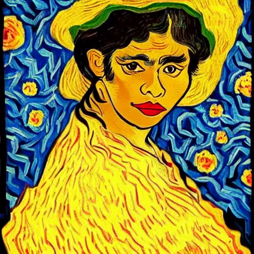 Image similar to beautiful tan mexican woman, dancing in a field of roses, prominent rosy cheek bones, black hair and brown eyes, van gogh art style,