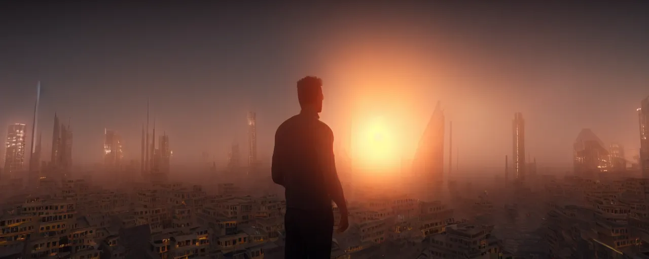 Image similar to man staying on the build edge and watching sunset over big futuristic city, high detailed, unreal engine, depth of field, fog