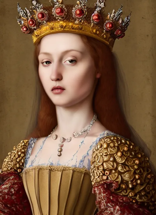 Image similar to closeup medieval jan van eyck face portrait of a fairytale princess wearing a crown eating cakes in the castle, bikini, depth of field, zeiss lens, detailed and intricate environment, fashion photoshoot by nicoletta ceccoli, mark ryden, lostfish, breathtaking, 8 k resolution, extremely detailed, beautiful, establishing shot, artistic, hyperrealistic, octane render