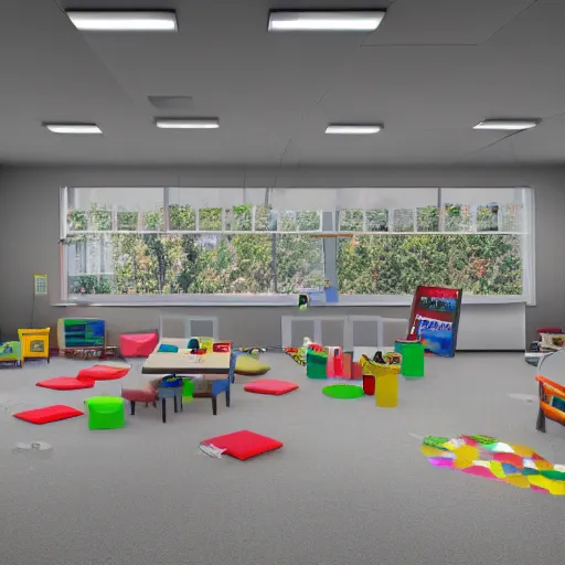 Prompt: empty kindergarten, in style of backrooms, liminal spaces, hyperrealistic, 4k,