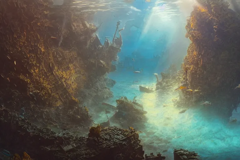 Prompt: a scenic landscaping view of the lost and abandoned city of Atlantic under water, ray of sunlight, whale fall, Greg Rutkowski, Moebius, Mohrbacher, Mucha, blue and gold color scheme, ultra wide angle, light effect