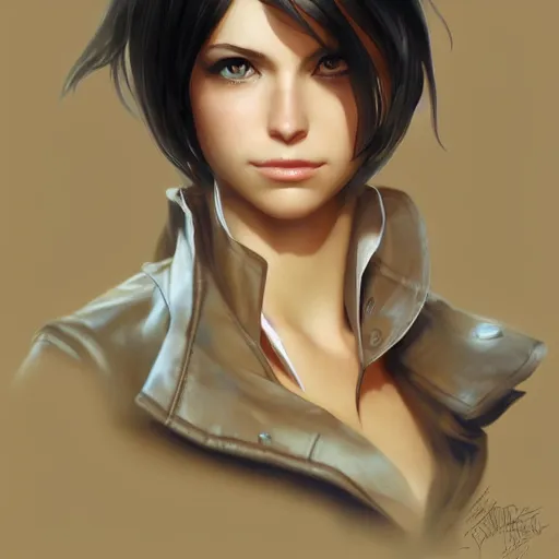 Image similar to a head and shoulders portrait of a young girl with green eyes and short black hair in a tan trenchcoat, from Final Fantasy XIII, retro, smooth, sharp focus, intricate, artstation, hyper realistic, detailed concept art by Rutkowski and Mucha and sky sewa and Marc Simonetti