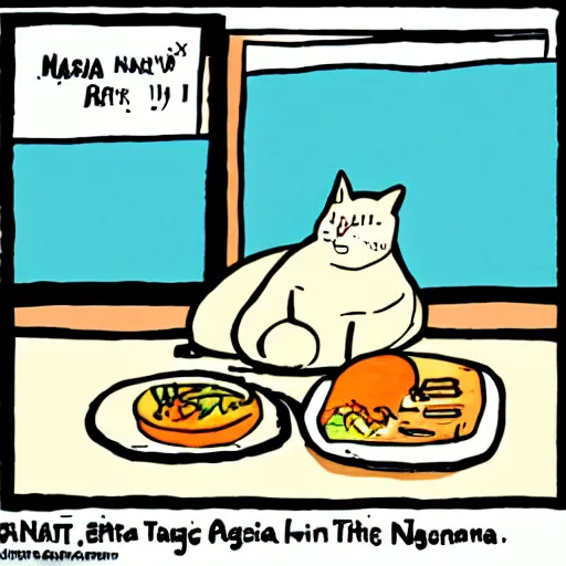 Image similar to fat orange cat on a table with lasagna new yorker cartoon