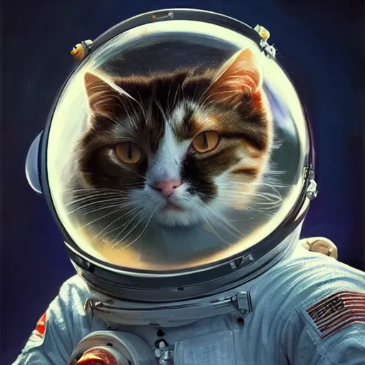 Prompt: portrait of a calico cat wearing a cosmonaut suit, concept art, painting by Viktor Vasnetsov, cinematic lighting , cinematic mood, very detailed, 8k, high resolution