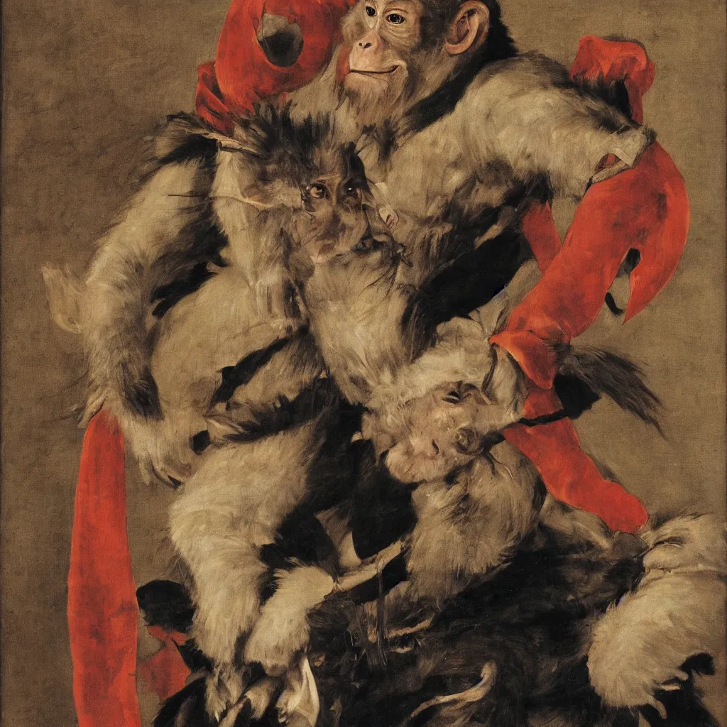 Prompt: portrait of a monkey king of, artwork by velazquez, wearing a donkey ears