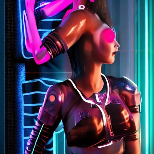 Image similar to An epic comic hyperrealistic 3/4 body shot portrait illustration of a cyber warrrior girl wearing futuristic wardrobe, black and reddis, ultradetailed face expression trending on artstation and artbreeder, cyberpunk 2077 color, heavy rainning at tokyo night, neon light rooftop, unreal 5, DAZ, 8k, unreal 5 engine render, cosplay, RPG portrait, final fantasy Vll world concept, dramatic lighting, rim lights, PS5 render quality