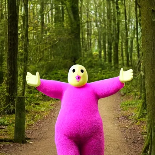 Prompt: photo of Mr Blobby chasing you through the woods