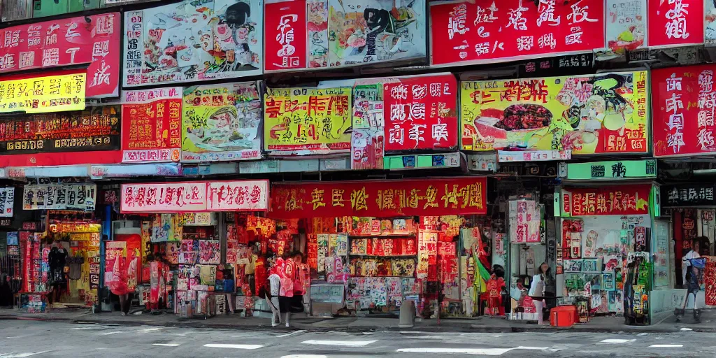 Prompt: a shop in hong kong, in the style of junji ito, 4 k, overlaid with chinese adverts
