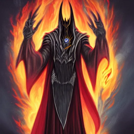 Image similar to Sauron with flaming eyes, full body, Lord of the rings