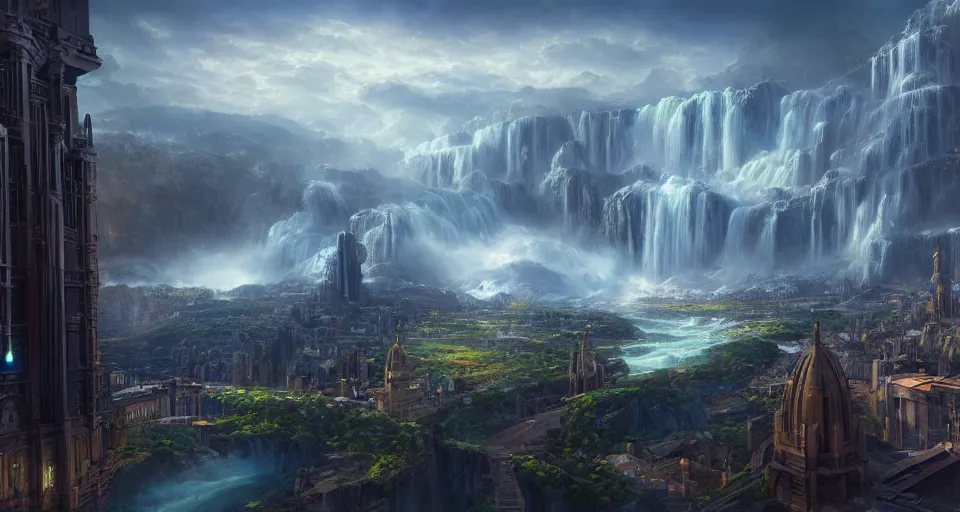 Image similar to a matte painting of beautiful religious science fiction city, with waterfalls, 8 k, cinematic lighting, hd, atmospheric, hyperdetailed, trending on artstation, deviantart, digital painting, concept art smooth sharp focus illustration, art by artgerm and raoul marks