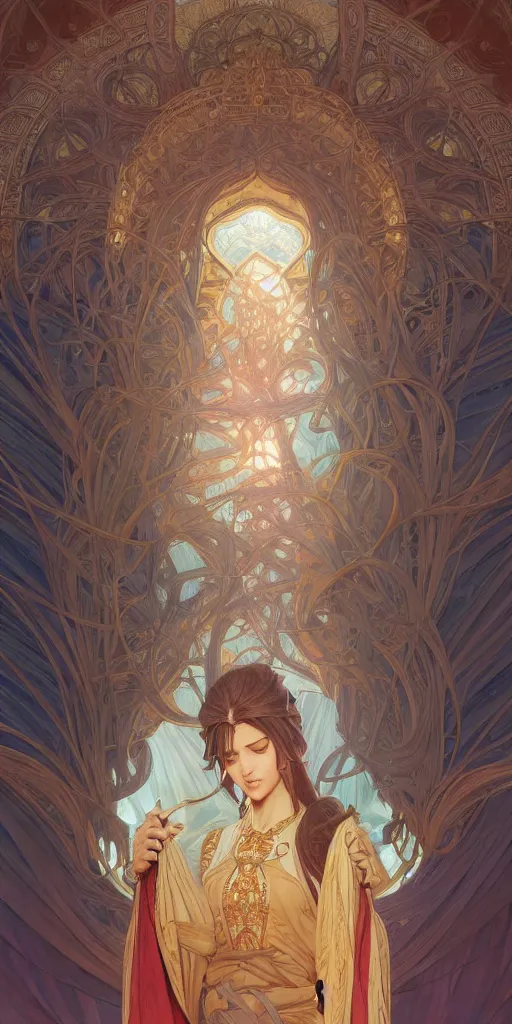 Image similar to sacred spaces, intricate, highly detailed, digital painting, artstation, concept art, smooth, sharp focus, illustration, Unreal Engine 5, 8K, art by artgerm and greg rutkowski and alphonse mucha, by Jesper Ejsing, by RHADS, Makoto Shinkai and Lois van baarle, ilya kuvshinov, rossdraws