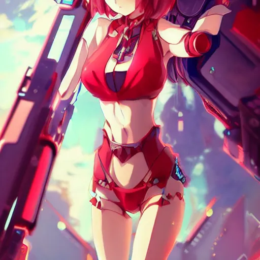 Image similar to digital anime art, wlop, rossdraws, sakimimichan, > > very small cute girl < < standing on a large table, red mech arms and red mech legs,