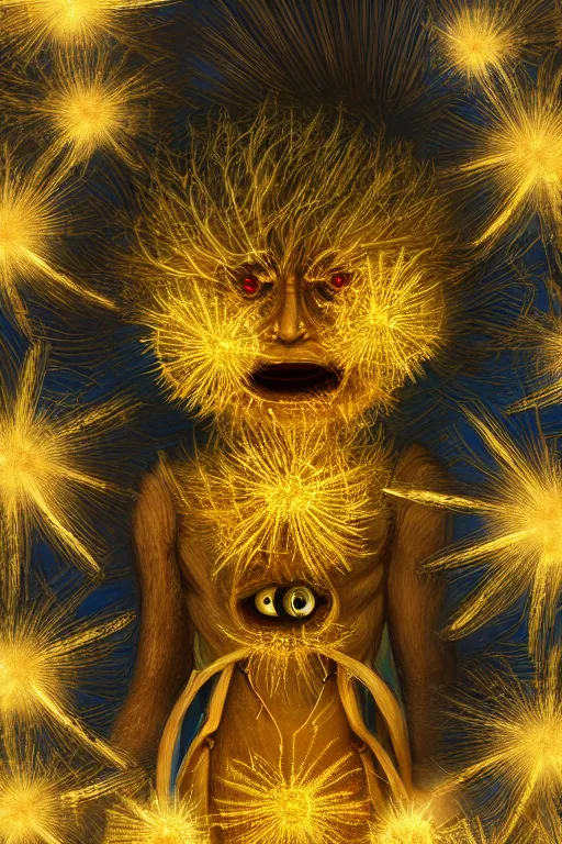 Image similar to a glowing humanoid figure dandelion monster with large glowing eyes, surrounded by golden coins, highly detailed, digital art, sharp focus, trending on art station, anime art style