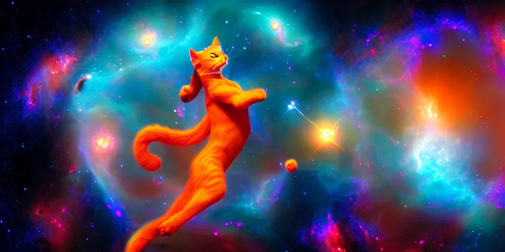 Image similar to 8 k uhd poser, redshift render of a dancing cosmic cat posing as shiva the destroyer, background stars an nebulae, volumetric lighting