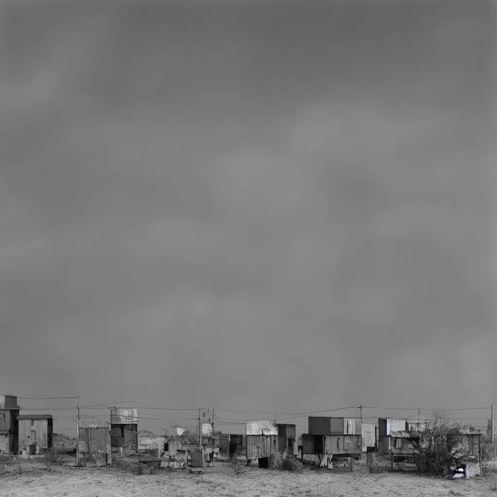 Image similar to two suspended towers made up of colourful makeshift squatter shacks, plain uniform sky at the back, misty, mamiya rb 6 7, ultra sharp, very detailed, photographed by uta barth