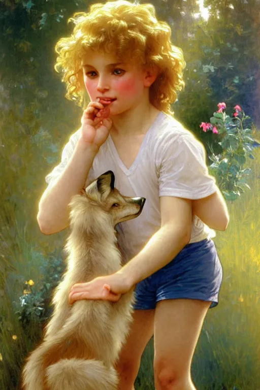 Prompt: a seven - year old with curly dirty blonde hair, blue eyes, tan skin a tee shirt and shorts, playing with foxes, painting by daniel gerhartz, alphonse mucha, bouguereau, detailed art, accurate facial details, no blush, artstation