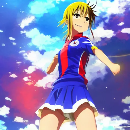 Prompt: Anime girl wearing the National Colombian Soccer Team uniform , Artwork by Makoto Shinkai, official media, 8k, pixiv, high definition, wallpaper, hd, digital artwork