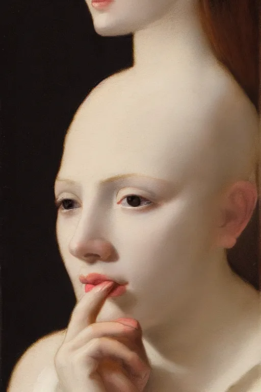 Prompt: hyperrealism close-up portrait of medieval beautiful young female smoking, pale skin, wearing white silk, in style of classicism