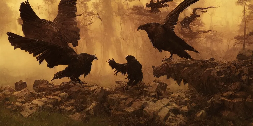 Image similar to angry barbarian norse god pushes an attacking raven from his face, dense forest, dusk, sunset, campfire, horizontal symmetry inception good composition artstation illustration sharp focus, vista painted by ruan jia raymond swanland lawrence alma tadema zdzislaw beksinski norman rockwell tom lovell alex malveda greg staples