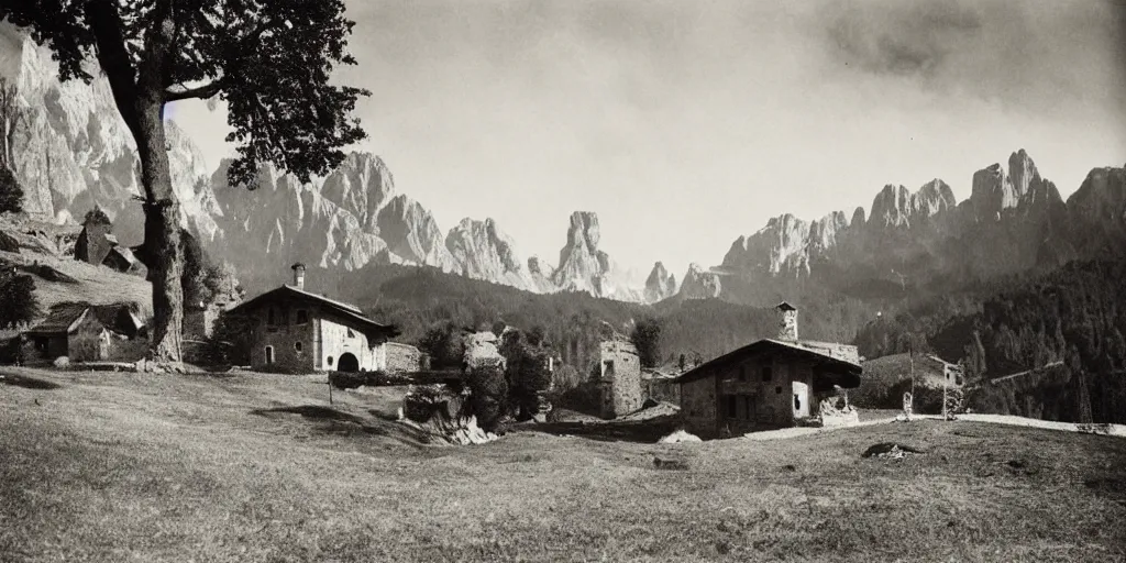 Prompt: 1920s photography of an isolated old village with ghostly wood buildings in the dolomites