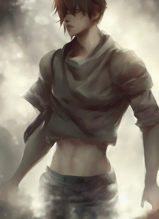 Image similar to detailed beautiful male character art of a protagonist, depth of field, on amino, by sakimichan patreon, wlop, weibo high quality art on artstation, deviantart