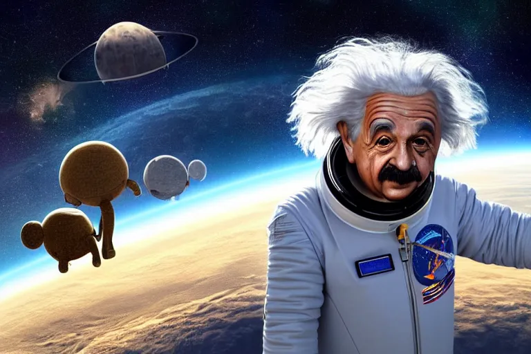 Image similar to still fullbody photo of sad albert einstein in spacesuit in space, flat earth on elephants and turtle at background, highly detailed, photorealistic shot, bright studio setting, studio lighting, crisp quality and light reflections, unreal engine 5 quality render