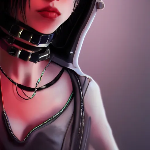 Image similar to detailed realistic female character cyberpunk wearing thick technological collar around neck, realistic, art, beautiful, 4K, collar, choker, collar around neck, punk, artstation, detailed, female, woman, choker, cyberpunk, neon, punk, collar, choker, collar around neck, thick collar, tight around neck, punk,