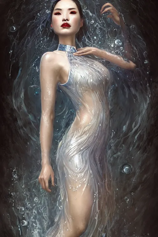 Image similar to portrait of a beautiful woman wearing a cheongsam dress, drenched body, silver hair, emerging from the water, dark fantasy, regal, fractal crystal, fractal gemstones, by ross tran, stanley artgerm lau, thomas kindkade, loish, norman rockwell