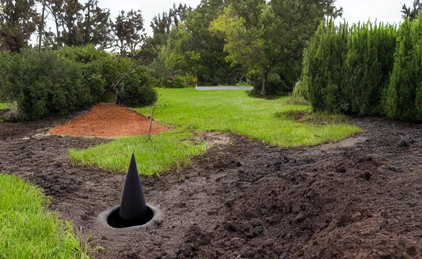 Image similar to miniature cone volcano erupting with streams of lava in a suburban yard, ground level