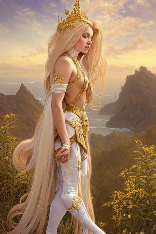 Prompt: portrait of a humanoid princess with long blonde hair, standing next to a beautiful view, ornate white officers outfit with gold embellishments, intricate, elegant, highly detailed, digital painting, artstation, concept art, smooth, sharp focus, illustration, art by artgerm and greg rutkowski and alphonse mucha, 8 k