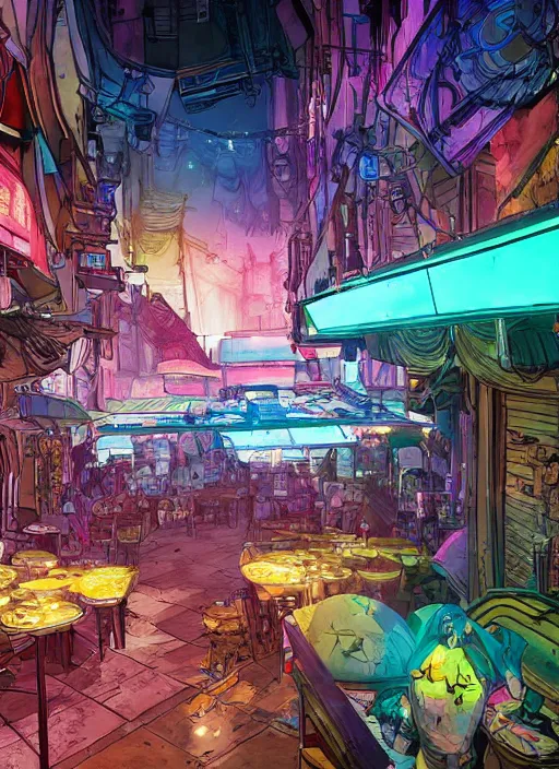 Image similar to bazaar zouk oriantal full color sky shine place mosquet painting digital illustration hdr stylized digital illustration video game icon global illumination ray tracing advanced technology that looks like it is from borderlands and by feng zhu and loish and laurie greasley, victo ngai, andreas rocha, john harris