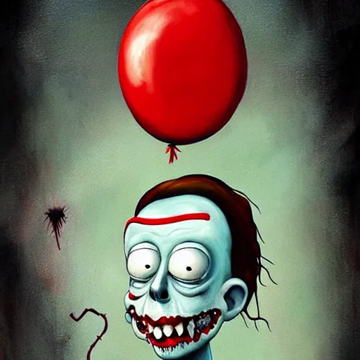 Image similar to grunge painting of rick from rick and morty with a wide smile and a red balloon by chris leib, loony toons style, pennywise style, corpse bride style, horror theme, detailed, elegant, intricate